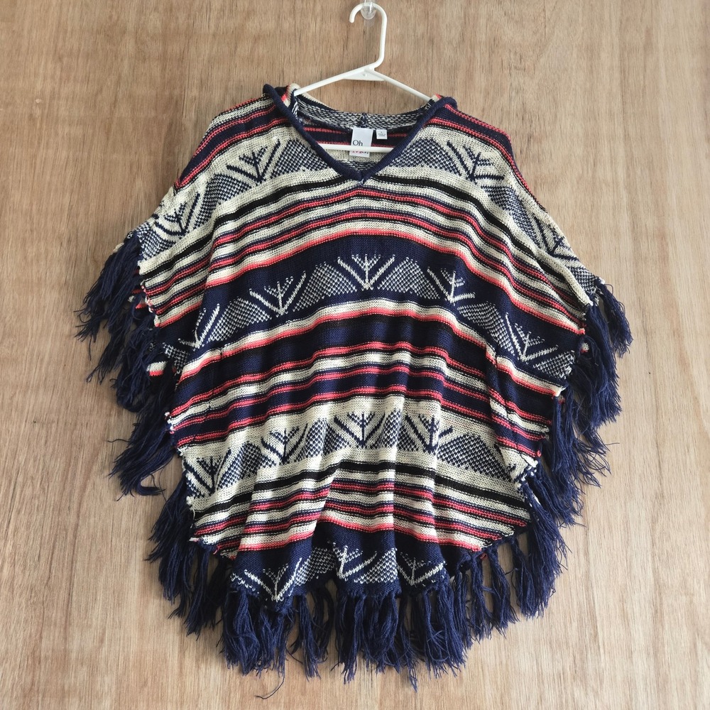 Hooded Knit Poncho Navy Red Cream Southwestern Fringe Wrap Large Oh MG